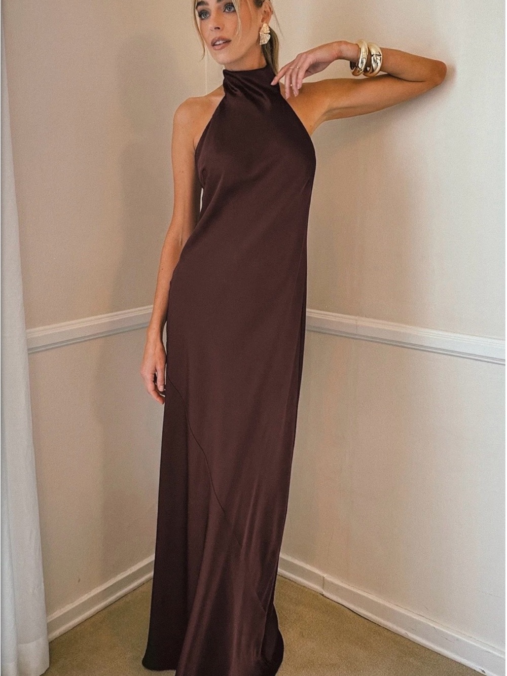 Show Me Your MuMu Chocolate Brown Satin Halter Maxi Dress